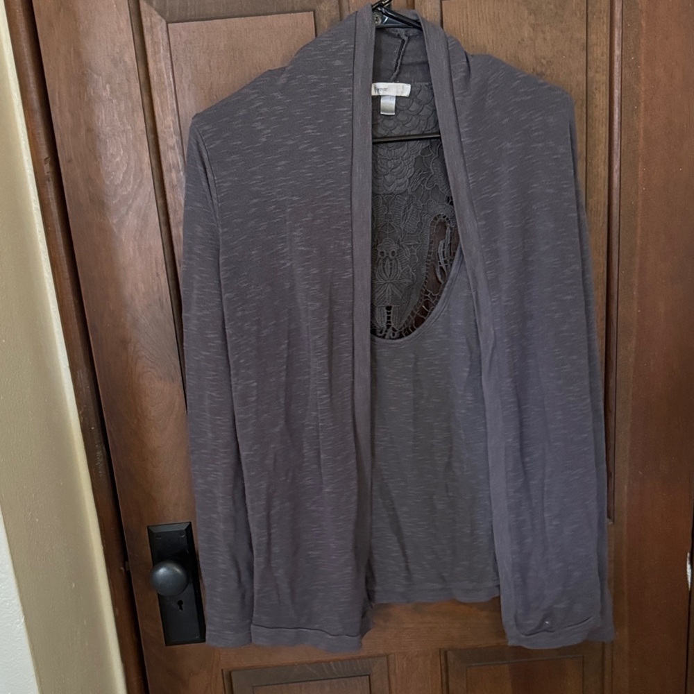 Brown Open Front Cardigan with Lace Detail